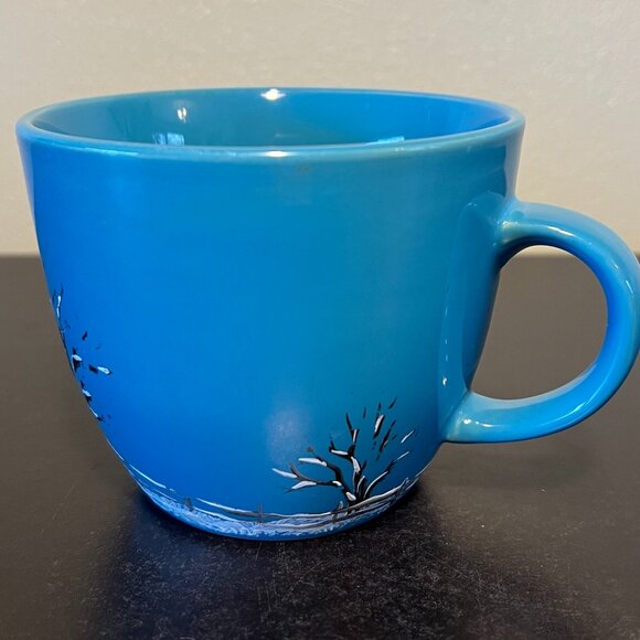 Hand Painted Turquoise Ceramic Cup w/ Snowy Winter Nature Scene by Ann Windell - Picture 4 of 11